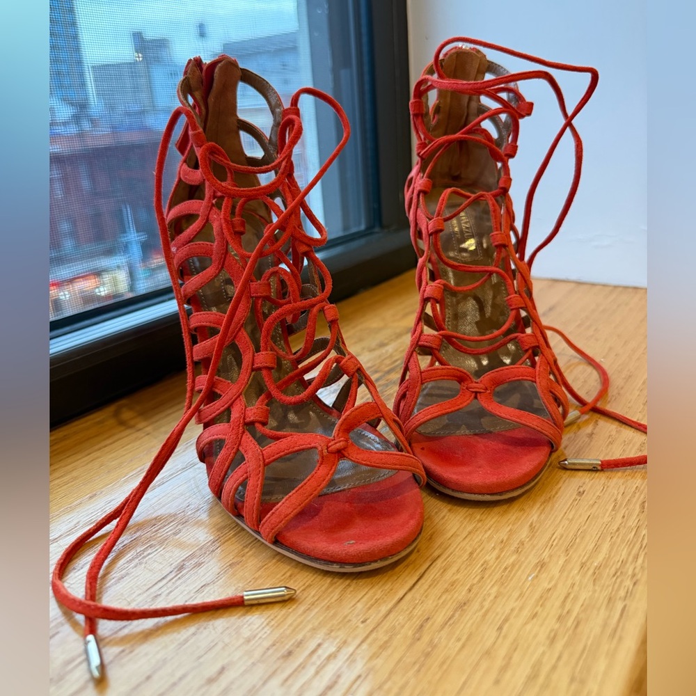Gianvito Rossi Red Orange French Lover Suede Cage Strappy Pumps 105mm / 35